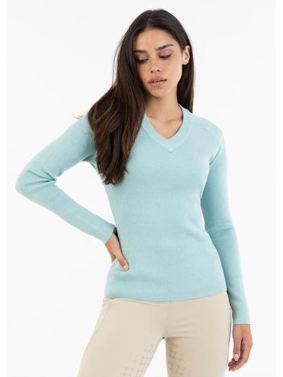 Pull fin pour femme bleu clair avec imprimé de purpurina argentée et col en V - Anky