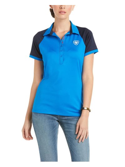 Polo bleu à manches courtes avec el logo blanc sur le haut derecha avant pour femme Team 3.0 - Ariat