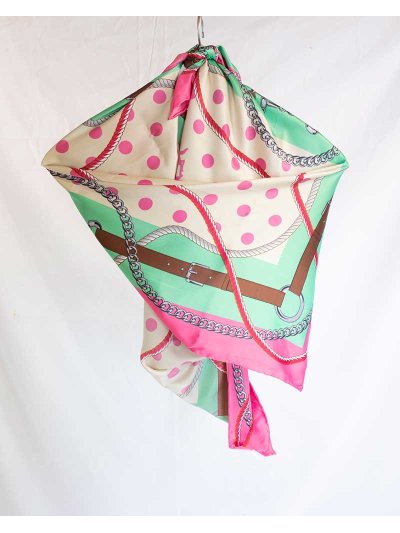 Pañuelo de tacto sedoso de 90x90cm con motivos equinos y topos en verde, rosa, beige y marrón modelo Alexandre - HV Polo