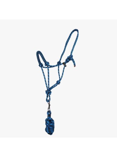 Licol d'écurie bleu et noir en corde et avec longe pour cheval - QHP