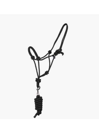 Licol d'écurie noir en corde et avec longe pour cheval - QHP
