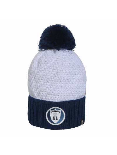 White and navy blue knitted beanie with pompom and fleece lining – Casey - Kingsland