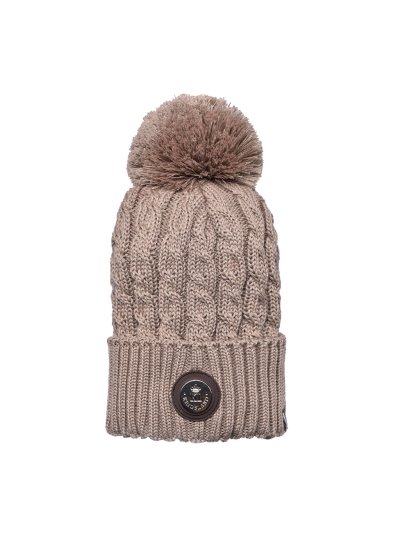 Light Brown Cable Knit Wool Hat with Pompom and Fleece Lining – Seldovia - Kingsland