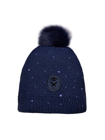 Thick Navy Knit Hat with Pompom and Rhinestones – Nakina – Kingsland Dressage