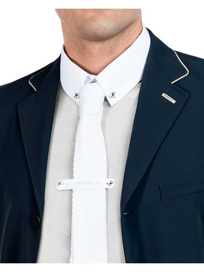 White knitted narrow tie with navy blue logo - Equiline