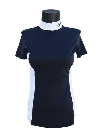 Polo de compétition à manches courtes bleu marine et blanc pour femme Bate - Equiline