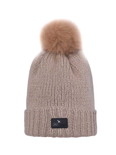 Thick beige knitted beanie with golden glitter, pompom, and fleece lining – Laboulaye – Kingsland Dressage