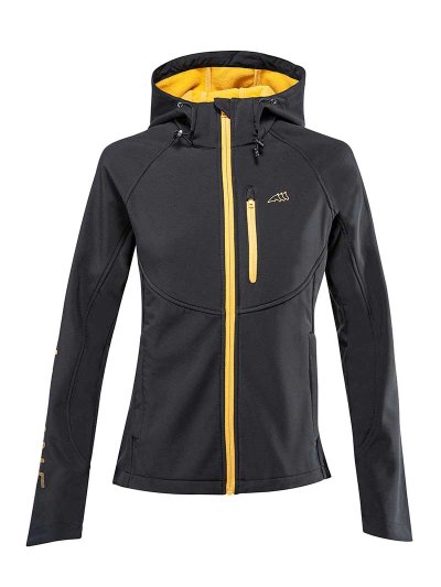 Women’s black and mustard softshell jacket with hood – Raisa - Equiline