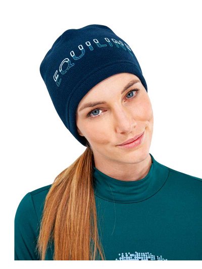 Navy blue fleece hat with white and green letters - Equiline