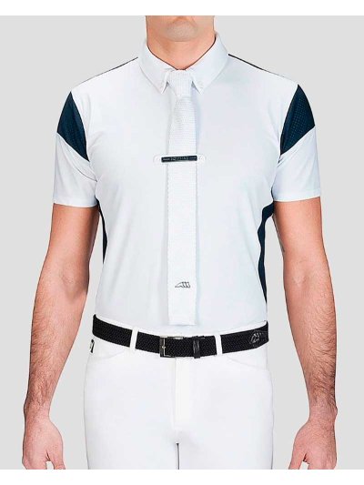 Polo de competición de manga corta blanco con malla azul marino para hombre Siamon - Equiline