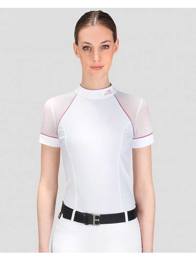 Polo de compétition à manches courtes blanc avec bordures fuchsia et manches de maille pour femme Giselle - Equiline