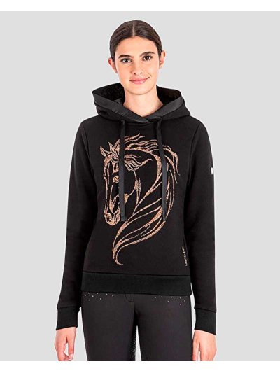 Women’s black fleece sweatshirt with hood and bronze rhinestones – Glamour - Equiline