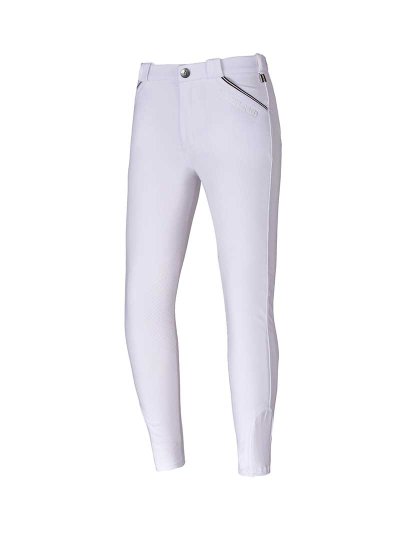 White Junior Unisex Competition Breeches with Tricolor Trim and Knee Grip KLkonrad - Kingsland