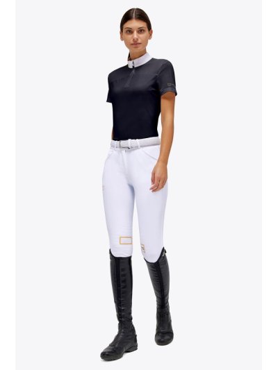 Polo de concours manches courtes bleu marine zippé à empiècements mesh pour femme - RG