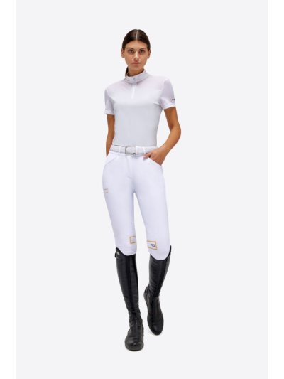 Polo de concours manches courtes blanc et gris zippé à empiècements mesh pour femme - RG
