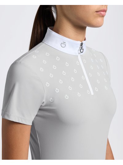 Polo de competicion à manches courtes gris clair avec imprimé du logo blanc pour fille - Cavalleria Toscana