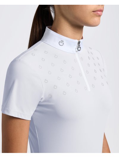 Polo de competicion à manches courtes blanche avec imprimé du logo gris clair pour fille - Cavalleria Toscana