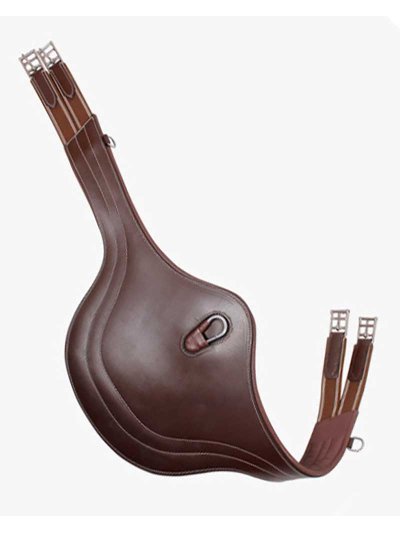Cincha barriguera de piel marrón con protector de vientre y costuras para caballo y pony - QHP