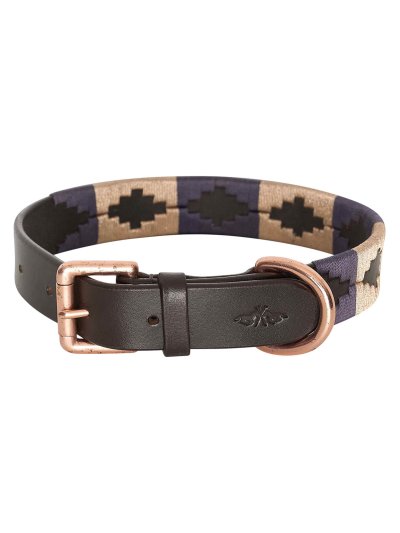Collar para perro de cuero marron y bordado color marron claro y azul marino - HV Polo