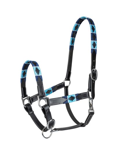 Cabezada de cuadra en cuero negro con bordado azul, blanco y azul marino para caballo - Waldhausen