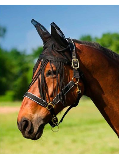 Orejeras de malla negra con flecos antimoscas para caballo - QHP
