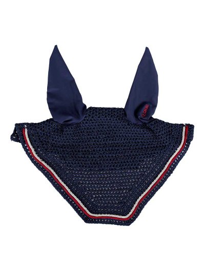 Navy, white and red crochet ear muffs with elastic ears for horse and pony - QHP