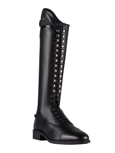 Botas de montar a caballo en piel negra con cordones y parte superior de charol y purpurina de caña ancha para adulto Hailey - QHP