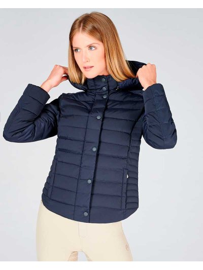 Navy blue short padded coat with high collar and hood for women New York - Vestrum