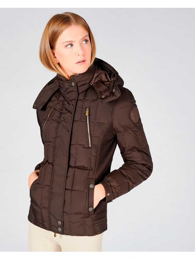 Dark brown padded coat with high collar and hood for women model La Thuille - Vestrum