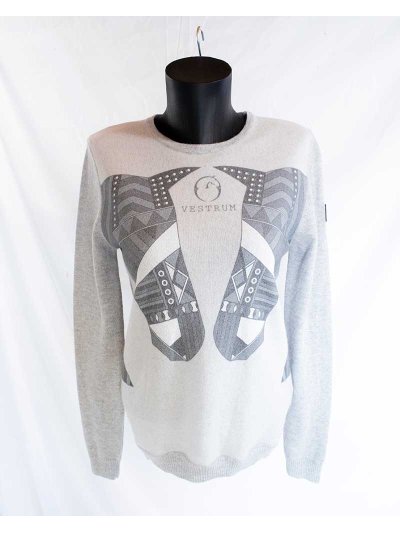 Women’s fine-knit beige sweater with grey horse illustrations - Vestrum