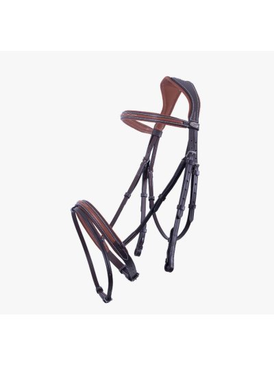 Bridas de piel marrón bicolor con costuras blancas y riendas para caballo Freya - QHP