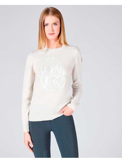 Cream wool sweater with embroidery and sequins on the front for women – Kiel - Vestrum