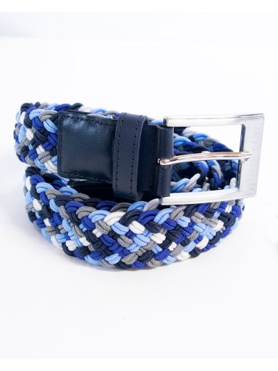 Cinturón trenzado y elástico azul, azul claro, azul marino, gris y blanco con acabados en cuero azul marino - Euro-Star