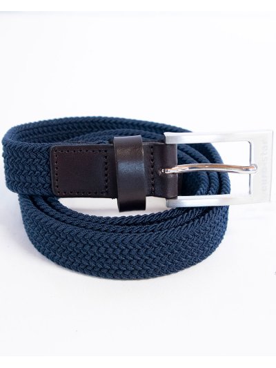 Cinturón estrecho, trenzado y elástico azul marino con acabados en cuero marrón oscuro - Euro-Star