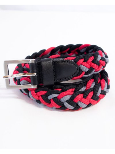 Cinturón estrecho, trenzado y elástico coral, negro y gris con acabados en cuero negro - Euro-Star