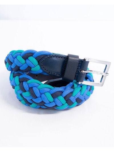 Cinturón estrecho, trenzado y elástico azul marino, turquesa y azul con acabados de cuero en azul marino - Euro-Star
