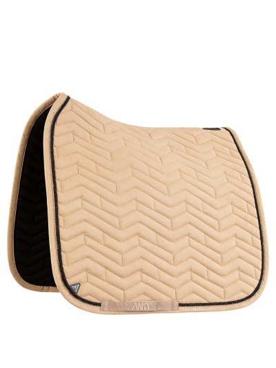 Light brown dressage saddle pad (amphora) with horizontal zigzag embroidery and a shiny cord of black stones - Anky