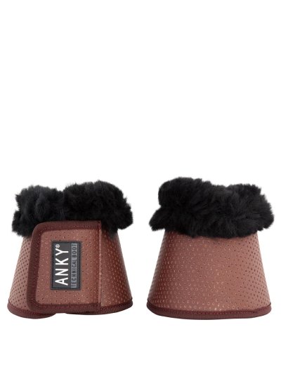 2 saddle brown bell boots with copper perforations and black sheepskin - Anky