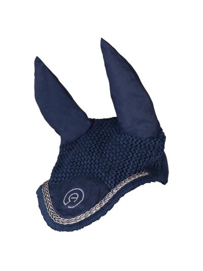 Navy blue earmuffs with shiny black and silver braided cord for horse and pony - Anky