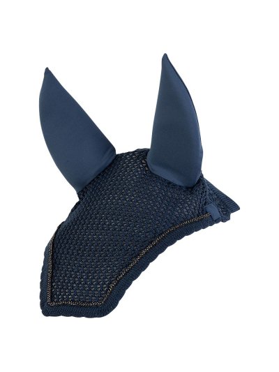 Bonnet en crochet bleu marine décoré de bordure tressée à perles et oreilles coton et néoprène amovibles pour cheval - Anky