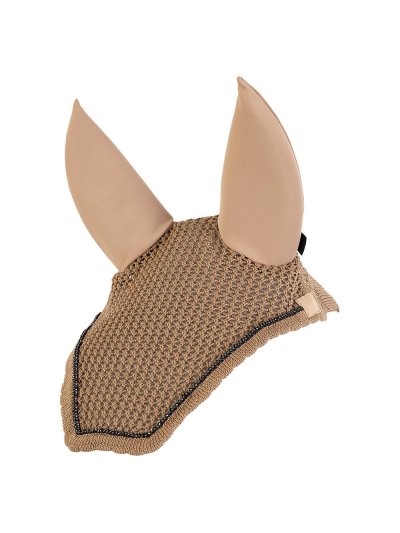 Bonnet en crochet beige décoré de bordure tressée à perles et oreilles coton et néoprène amovibles pour cheval - Anky