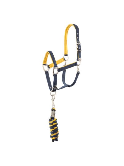 Cabezada de cuadra con ramal azul marino (dark navy) y amarillo para caballo y pony - Anky