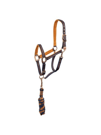 Licol d'écurie avec longe bleu marine (dark navy) et orange avec boucles cuivrées pour cheval et poney - Anky