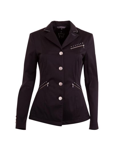 Americana de competición negra con tachuelas y ribete del cuello plateado brillante para mujer - Anky