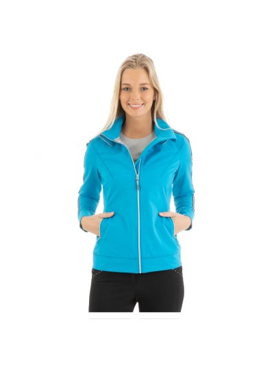 Light blue (lagoon) and silver triple-layer waterproof jacket with high collar for women - Anky