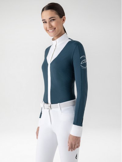 Camisa de competición de manga larga azul marino y blanco para mujer Estock - Equiline