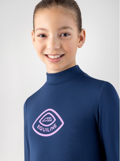 Camiseta técnica de manga larga azul marino con logotipo en rosa para niña Colam - Equiline