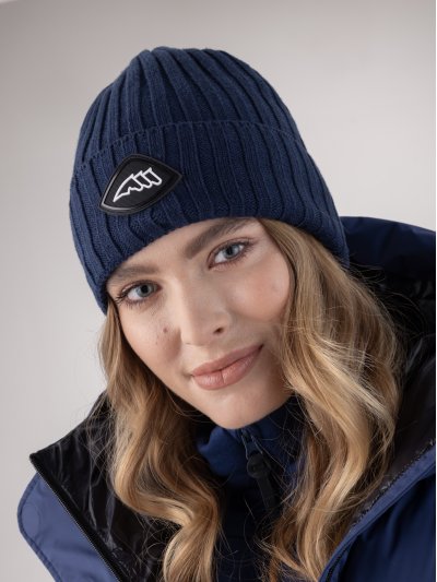 Gorro de punto azul marino con interior polar y el logotipo negro y blanco unisex - Equiline