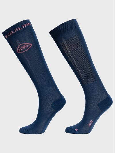 Junior (unisex) navy blue high-knee socks with pink logo - Equiline