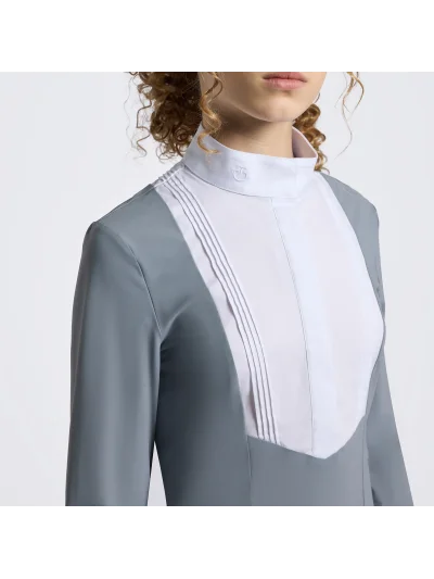 Camisa de concurso de manga larga azul grisáceo (Windward Blue) con pechera para niña - Cavalleria Toscana